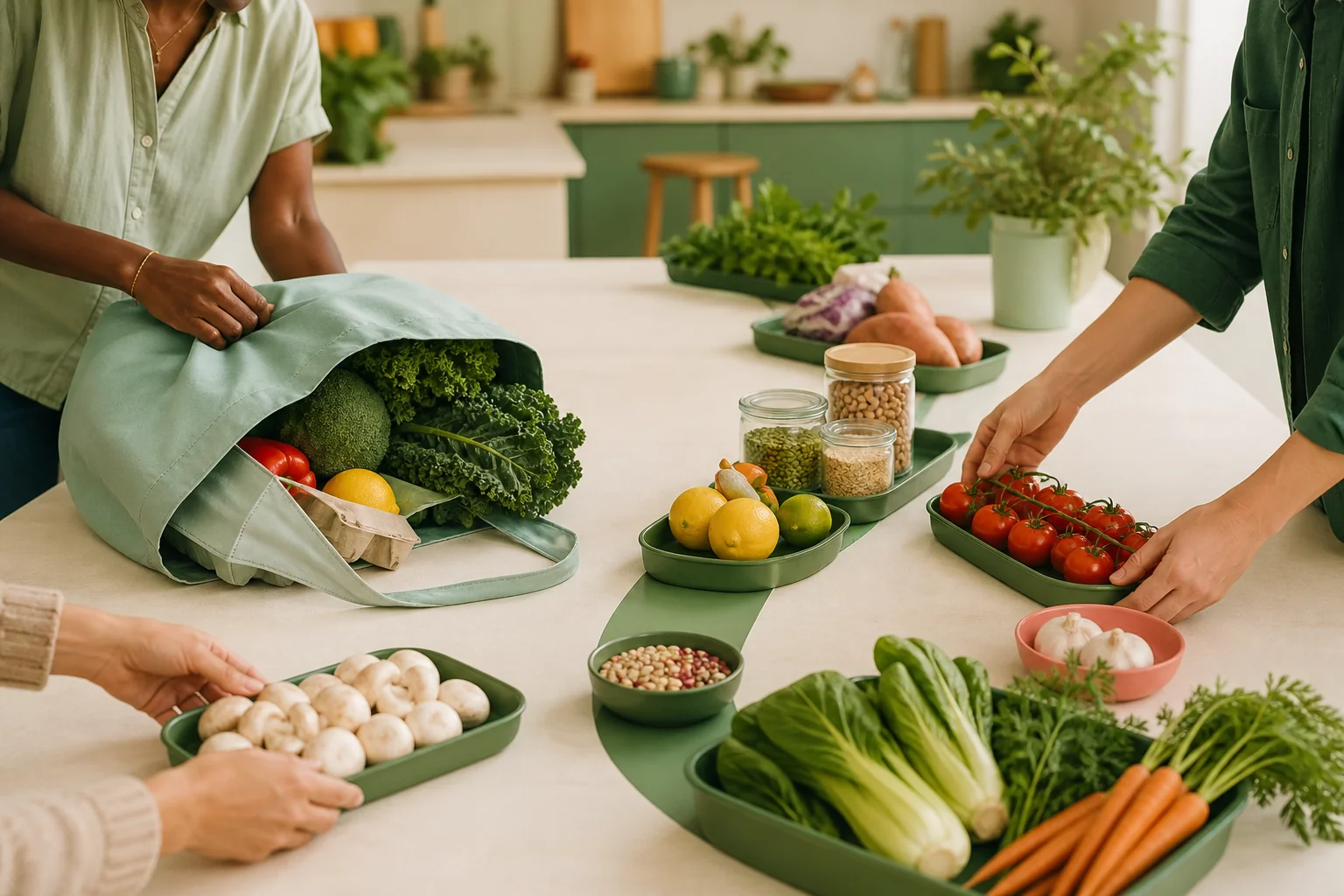 Several people arranging produce and pantry staples along a green route on a community kitchen table