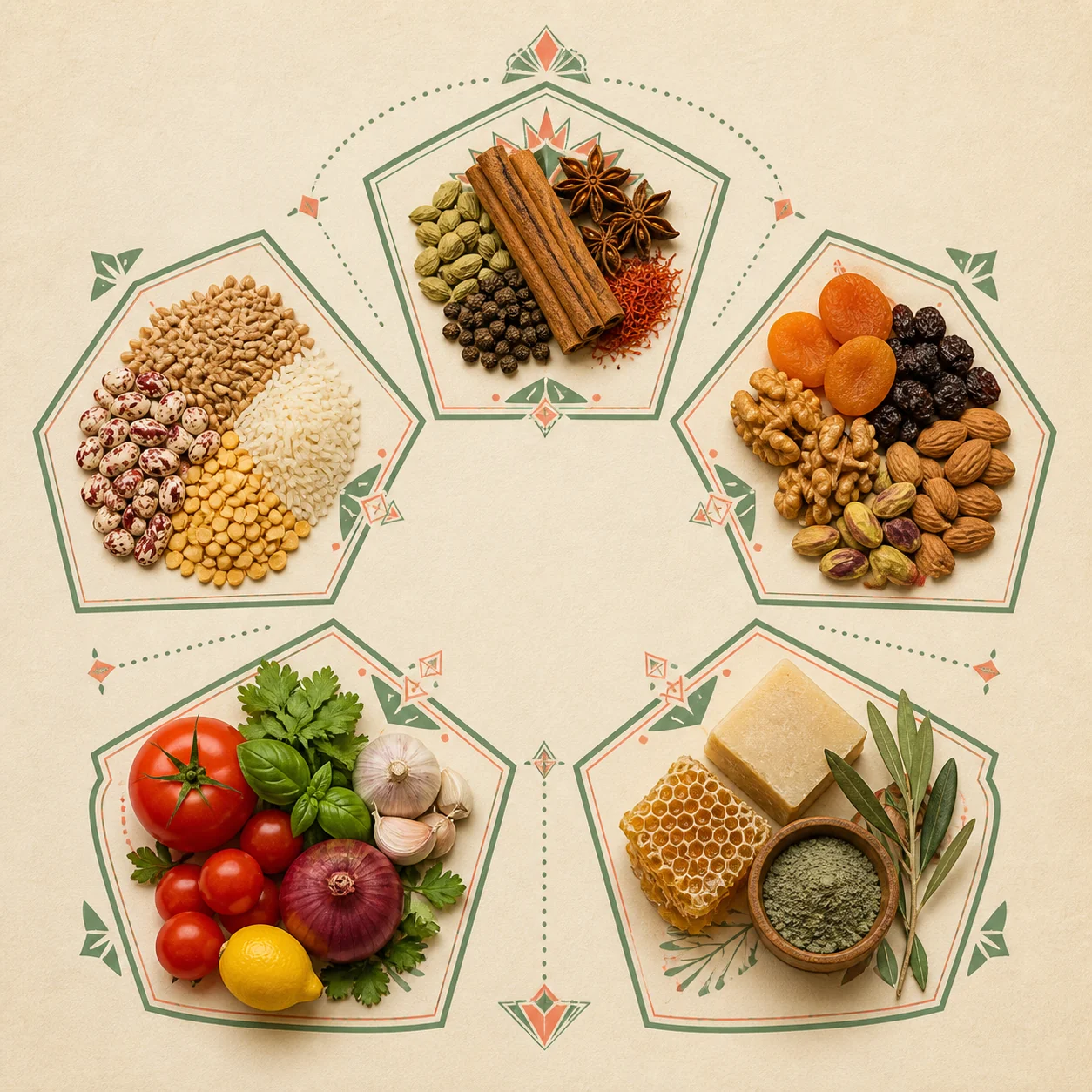Ingredient groupings arranged like a compact compass route
