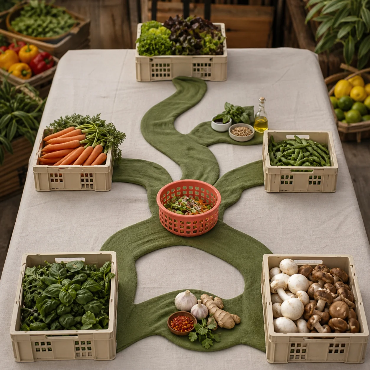 Cream market crates connected by a winding green route