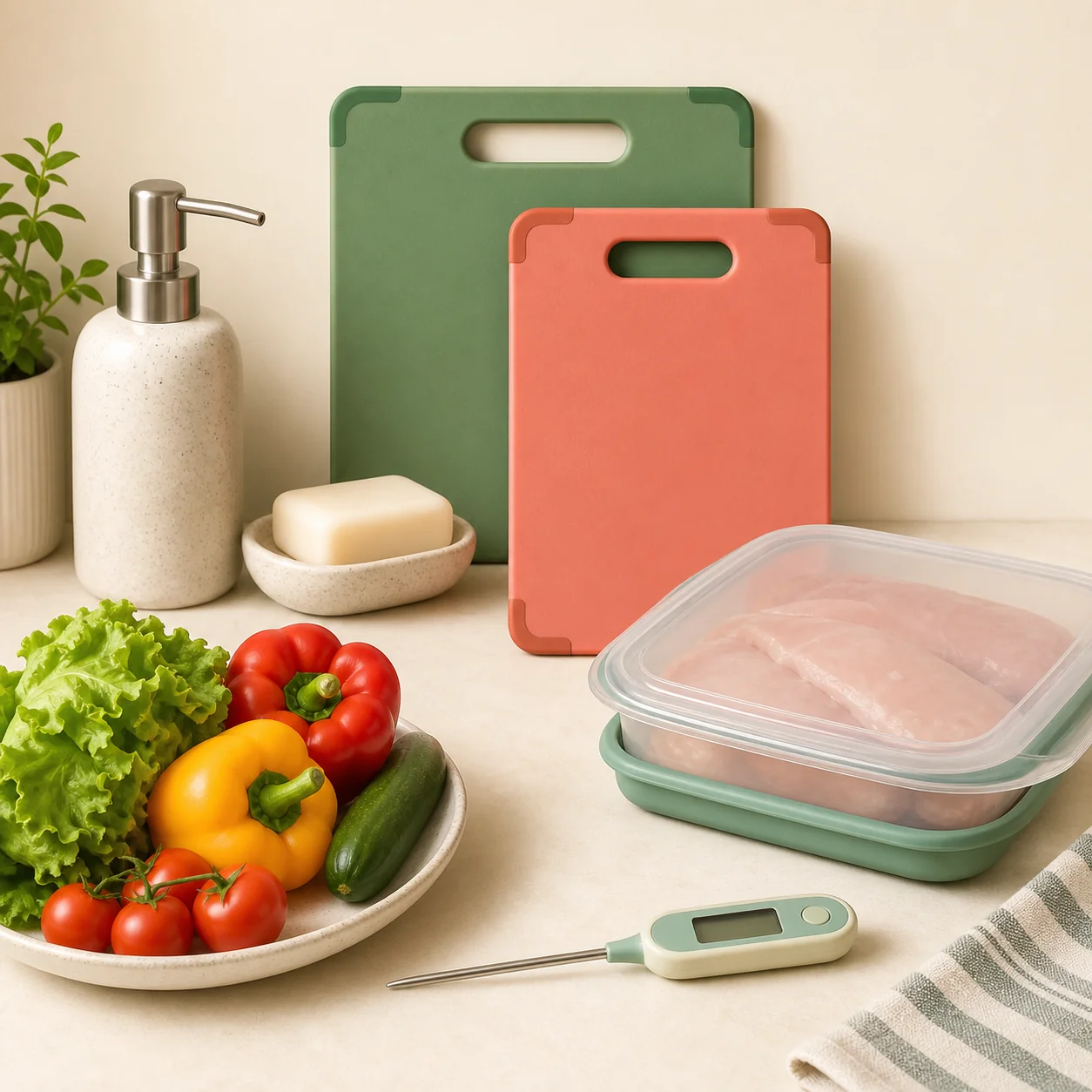 Clean food-safety tools arranged on a cream work surface
